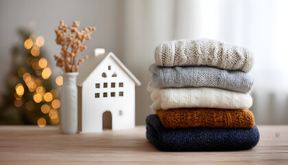 A cozy scene with a white house and a pile of sweaters on a table