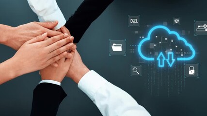 A dynamic image showcasing multiple hands united above a cloud symbol, with various digital icons representing technology, collaboration, and innovation in teamwork. Raster - Powered by Adobe