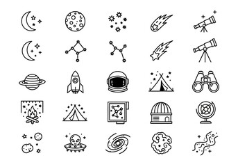 A collection of space-themed icons in a grid pattern, featuring astronomical objects and spacecraft, presented in a simple line art style for digital use. © Adam