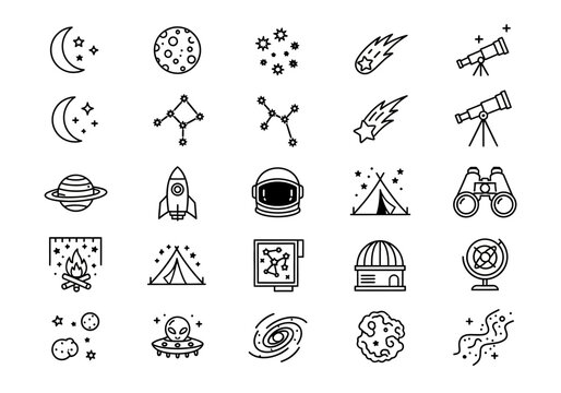 A collection of space-themed icons in a grid pattern, featuring astronomical objects and spacecraft, presented in a simple line art style for digital use.