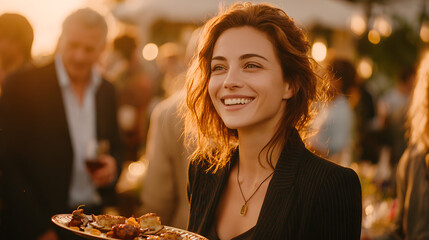 A cheerful woman in a black suit holding a plate of food at a social event, surrounded by people in a warm and elegant setting.