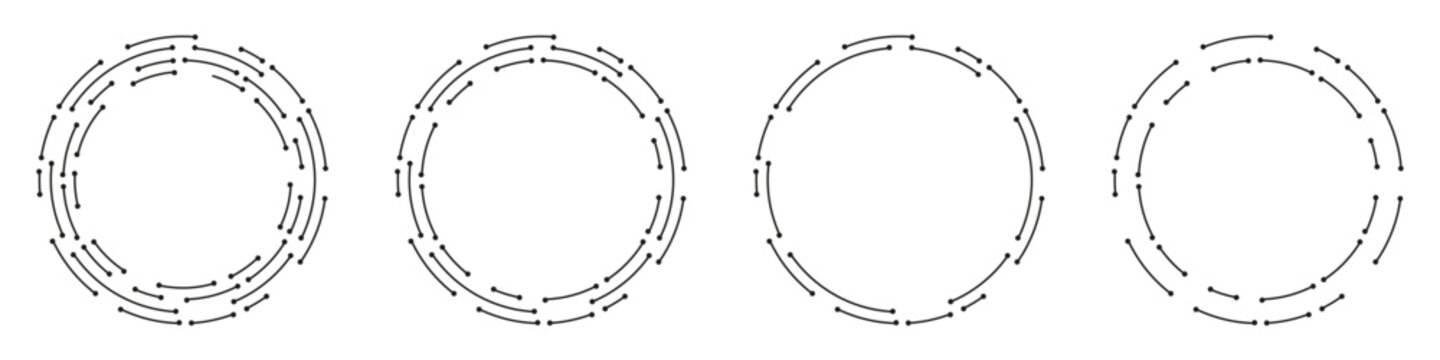 Four black futuristic circles with dotted patterns on a white background, symbolizing technology.