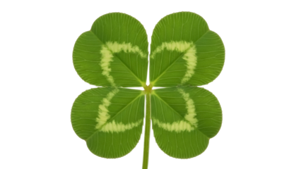 Four-leaf clover PNG isolated on transparent background, green shamrock with light markings for St Patrick s Day and good luck