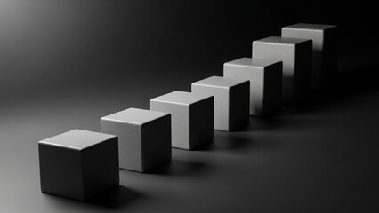 Metallic cubes arranged in ascending order on dark background