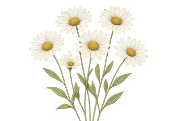 Hand painted daisy bouquet with green leaves illustration, summer botanic design for branding, transparent background