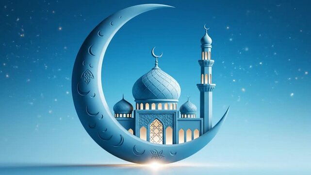 Blue mosque nestled inside a glowing crescent moon against a starry sky. Ramadan Islamic Religious Background