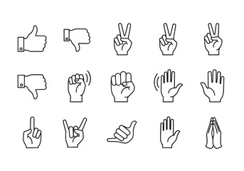 Collection of Hand Gestures Illustrated in Simple Line Art Style