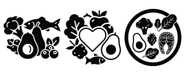 Black silhouette anti inflammatory diet modern vector icon set on transparent background