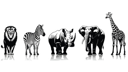 African animal silhouettes, lion, zebra, rhino, elephant, giraffe, black and white, wildlife reflection, savanna species, iconic animals © Empowerment angle 