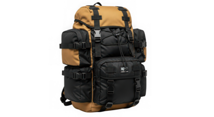 Large black and tan hiking backpack with multiple compartments and straps, isolated on transparent background