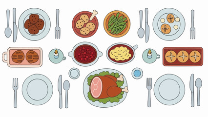 Top View Christmas Dinner Table &ndash; Flat Vector Illustration