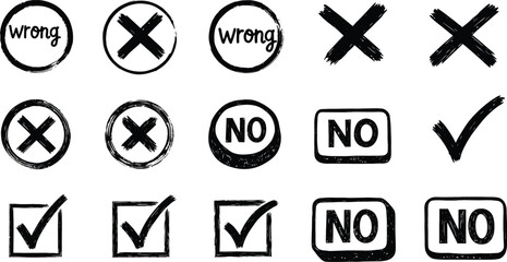 Hand drawn check tick mark icon set. x marks, checkboxes, and checklist symbols including right and wrong signs in brush marker style. © Stud