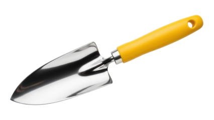 Shiny metal garden trowel with yellow handle isolated PNG, hand tool for planting and transplanting on transparent background