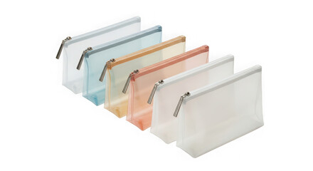 Set of five translucent zipper pencil cases in different pastel colors arranged diagonally on a transparent background