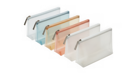 Set of five translucent zipper pencil cases in different pastel colors arranged diagonally on a transparent background