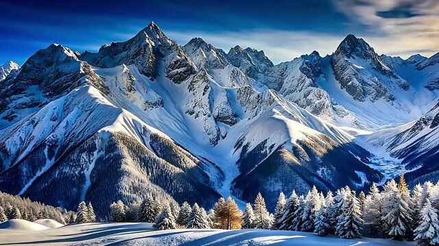 Majestic snow-covered mountain range in winter. Cinematic zoom towards a high alpine peak over a snowy forest. Scenic nature and travel background