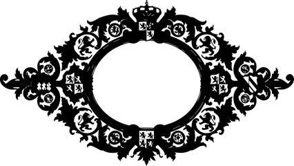 Elegant vintage heraldic frame for royal insignia, ornate border with crown and lions, perfect for sophisticated designs and luxurious invitations