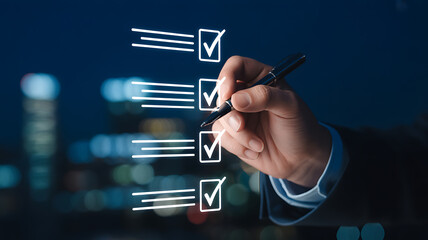 Close up of hand marking checklist boxes with pen against blurred city lights, signifying task completion, project management, and achieving goals