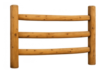 Wood post and rail fence section on transparent background, rustic ranch design for country and farm boundaries