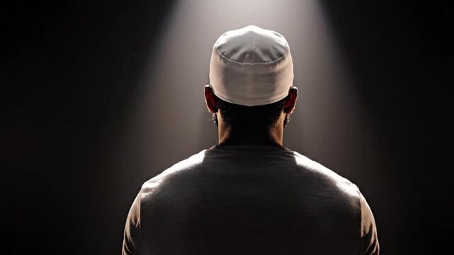 A Muslim man in prayer, prostrating under a spotlight on a dark background. Ramadan Islamic Religious Background