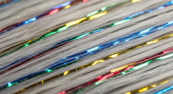 Macro Close-up of Multi-Colored Metallic Tinsel Strands and Glittering Rainbow Party Fibers