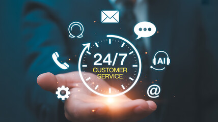 Hand holding 247 customer service icon, symbolizing constant support and contact options available, illustrating effective communication technologies