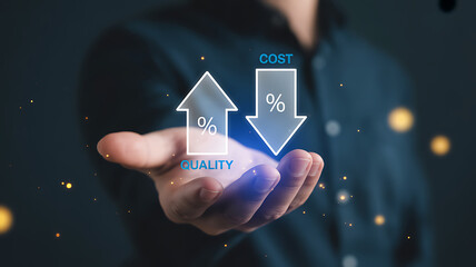 Person holding graphical up arrow representing quality and down arrow representing cost symbolizing business performance and improvement