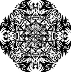 Intricate ornamental mandala design, inspired by tribal art, perfect for tattoo designs, t-shirt prints, and unique creative projects that need an edgy touch