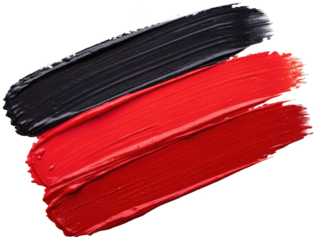 Dynamic, expressive brushstrokes of vibrant crimson and deep black acrylic paint are dramatically layered diagonally across the frame, exhibiting a textured,, isolated on transparent background.