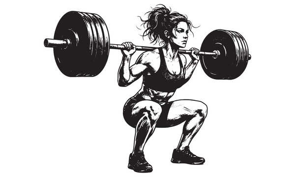 Strong Female Bodybuilder Performing Heavy Barbell Squat Vector Sketch