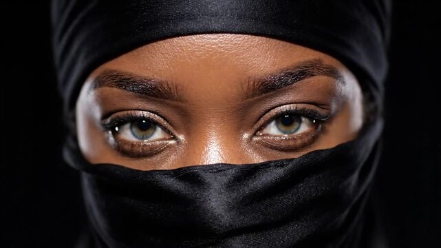 Black Muslim woman expressive eyes, partially veiled by a black niqab against a dark background. Ramadan Islamic Religious Background