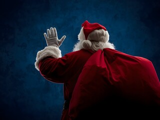 Santa Christmas festive figure waving with red sack on dark background