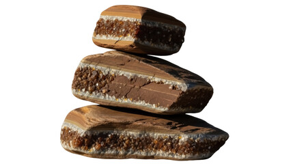 Stacked brown and tan banded agate stones isolated PNG, natural mineral specimens for geology and...