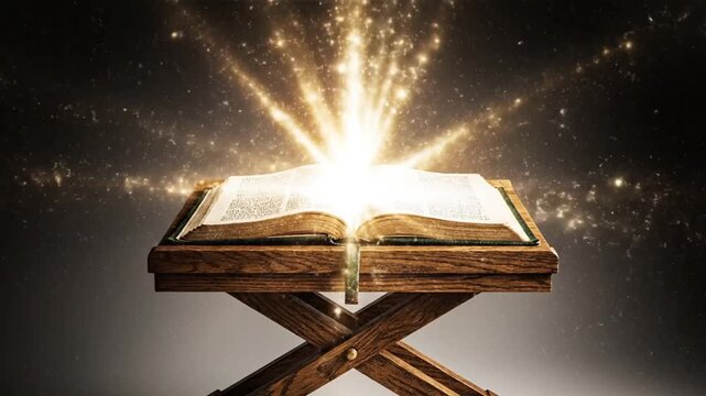 An open holy book on a wooden stand emits radiant golden light and sparkling particles against a dark, cosmic background. Ramadan Islamic Religious Background