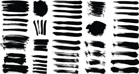 Various black paint graphic set, spray, brushstroke, drips, splashes, graffiti, lines, in dirty style. High quality, hand drawn, grunge graphic box. Ink splash stencil, brush stroke. Vector collection