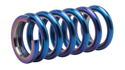 Blue and purple metal spring isolated PNG on transparent background, suspension component for engineering and mechanical design