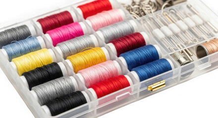 Sewing thread kit with various colors and sewing accessories in a clear plastic container isolated on transparent background