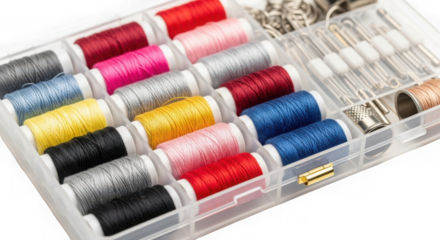 Sewing thread kit with various colors and sewing accessories in a clear plastic container isolated on transparent background