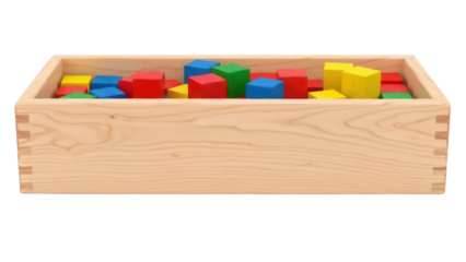 Wooden box filled with colorful building blocks PNG isolated, educational toy for kids on transparent background