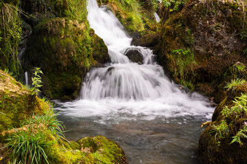 Naklejka premium Cascades on Krupa river with mossy boulders, silky water in long exposure, calming scene