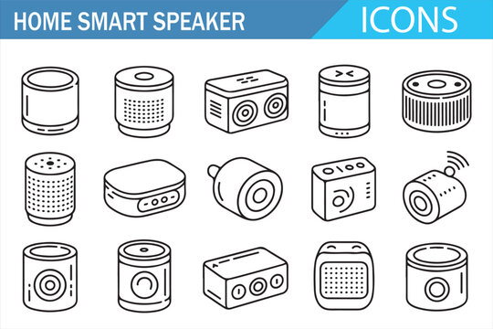 Wireless smart speaker and AI voice assistant outline icon set