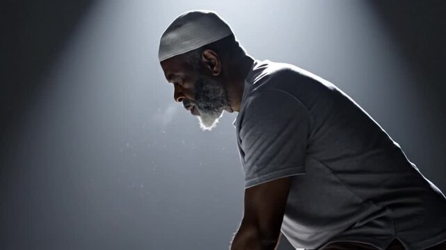 An elderly Black Muslim man in a kufi prays in prostration, illuminated by a single beam of light against a dark background. Ramadan Islamic Religious Background