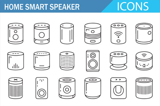 Voice assistant smart speaker outline icons for smart home and audio control