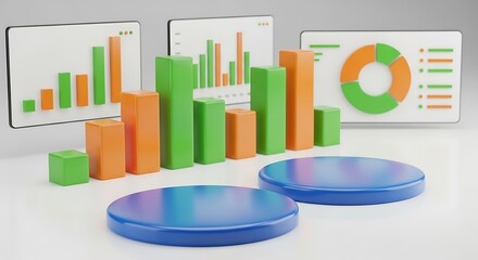 3d rendering of colorful bar and pie charts with podiums, representing financial data and business growth