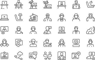 Remote work and freelance icon set featuring hybrid office, digital nomad lifestyle, working from home concepts, editable stroke outline vector illustration, productivity, workflow, technology, and mo