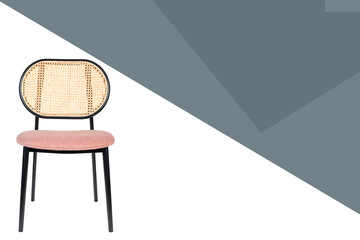 Modern wooden wicker Chair front top part dining red fabric seat minimalist modern stylish interior furniture isolated home foldable poster banner flex editable white background.