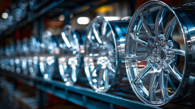 Metallic alloy wheels arranged in a row on a display rack, symmetrical composition with crisp reflections