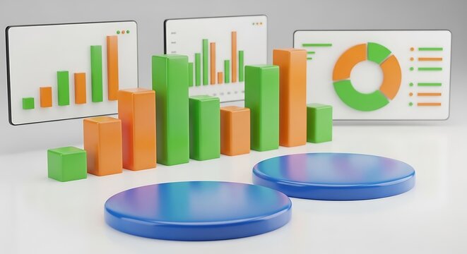3d rendering of colorful bar and pie charts with podiums, representing financial data and business growth - Powered by Adobe