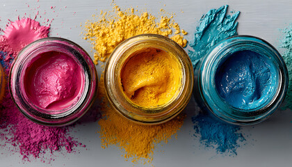 Art supplies like paint brushes, open jars of vibrant pink yellow, blue paint arranged on white background with colorful splashes. Creative flat lay suggests art classes workshops fun painting