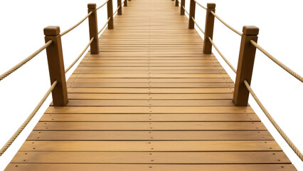 Naklejka premium Wooden boardwalk with rope railing isolated PNG, perspective view of a pier on transparent background for architectural design